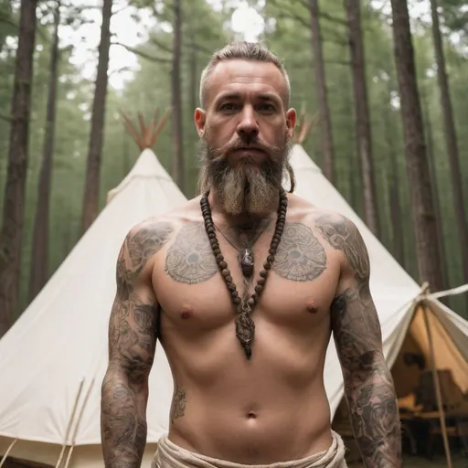 Prompt: a male massage therapist with many tattoos is dressed in bronze age druid garb standing in the forest in front of his white canvas tent