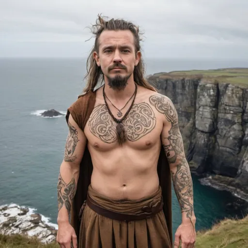 Prompt: a male massage therapist with woad and bronze age tattoos on his skin is dressed in bronze age irish druid garb standing on a cliff overlooking the ocean