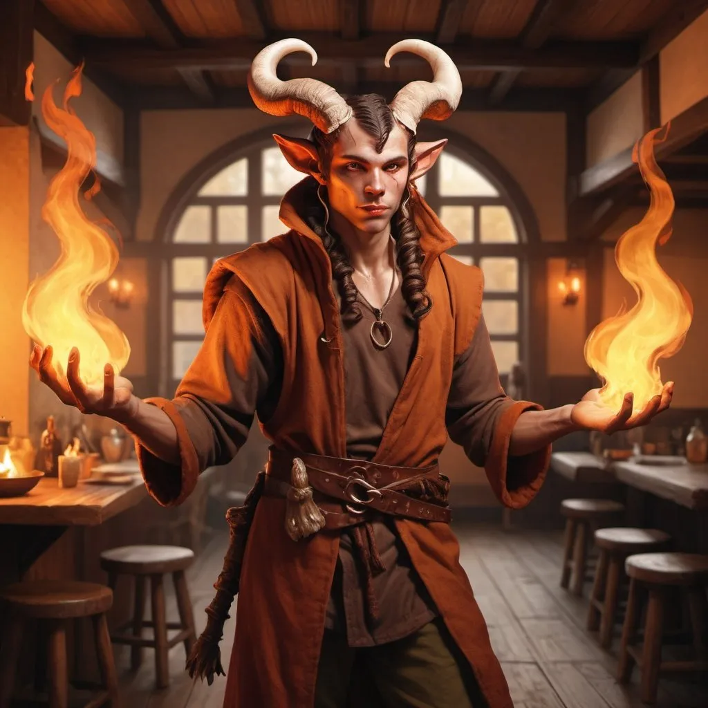 Prompt: full body hyper-realistic young rugged male tiefling mushroom druid character with fire hands in an inn, fantasy character art, illustration, dnd, warm tone