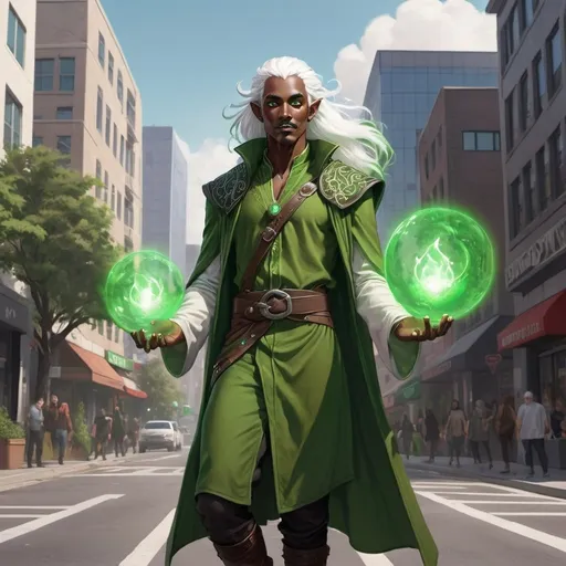 Prompt: full body d&d illustration of a dark skinned elven druid with bright green eyes, shining white hair and mustache levitating above the street in a modern city. 