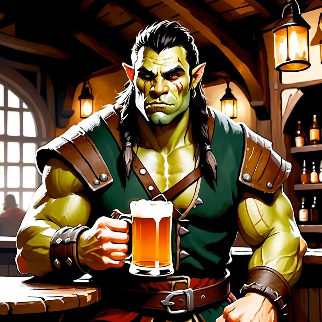 Prompt: rugged handsome male half orc ranger with tusks character holding a pint of ale in a tavern , fantasy character art, illustration, dnd, warm tone