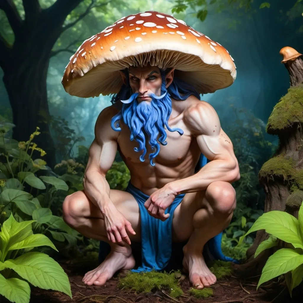 Prompt: a strong rugged 6 foot and 5 inches tall, 250 pound male tiefling mushroom druid with mottled tan skin, cloven hooves, and long wavy ginger hair and beard wearing only a loincloth is kneeling in a lush garden within an open courtyard of a manor. He is wreathed in blue flames, and mushrooms grown from the ground near his feet.