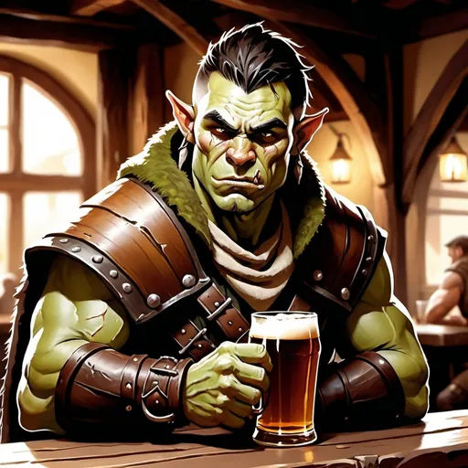 Prompt: slim handsome male half orc ranger with tusks crying character holding a pint of ale in a tavern , fantasy character art, illustration, dnd, warm tone