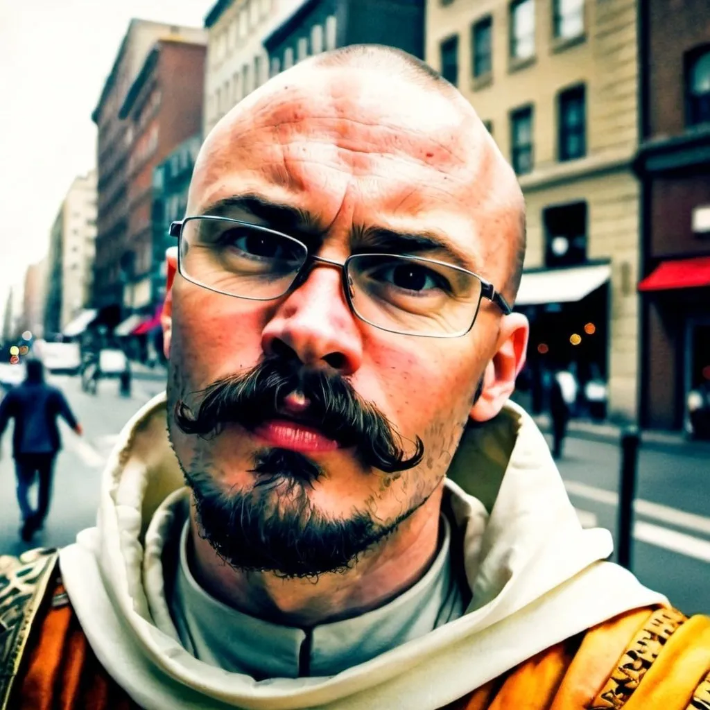 Prompt: watercolor painting of a strong male warrior wearing cleric robes on a city street