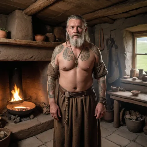 Prompt: a middle aged male healer with woad and bronze age tattoos on his skin is dressed in bronze age irish druid garb standing near the hearth in his dwelling house