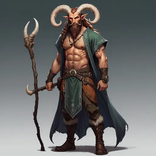 Prompt: fantasy, full body, rugged, tiefling, druid, scottish, majestic horns, strong, male long beard style