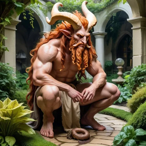 Prompt: a strong rugged 6 foot and 5 inches tall, 250 pound male tiefling mushroom druid with mottled tan skin, cloven hooves, and long wavy ginger hair and beard wearing only a loincloth is kneeling in a lush garden within an open courtyard of a manor. He is wreathed in magical flames