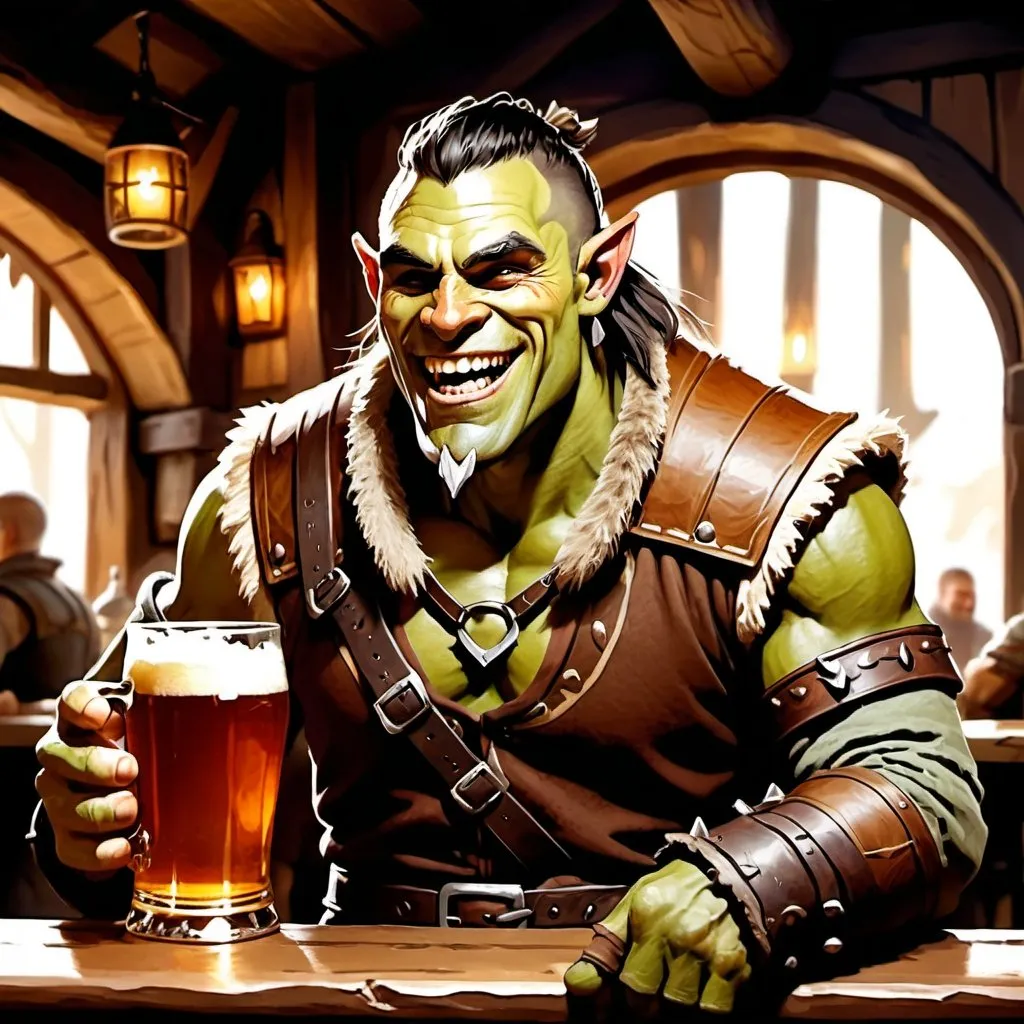 Prompt: slim handsome male half orc ranger with tusks laughing character holding a pint of ale in a tavern , fantasy character art, illustration, dnd, warm tone