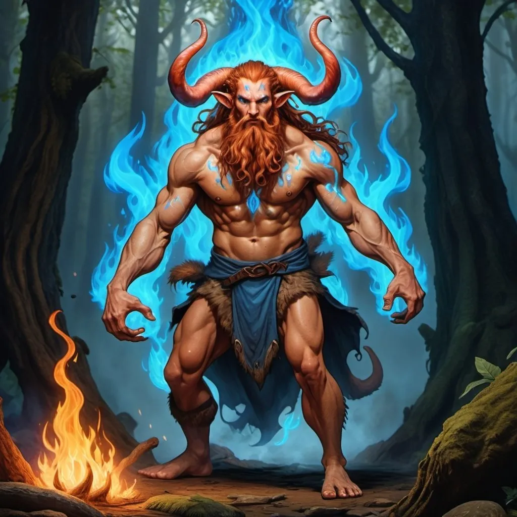 Prompt: a strong rugged 6 foot and 5 inches tall, 250 pound male tiefling mushroom druid with mottled tan skin, cloven hooves, and long wavy ginger hair and beard wearing only a loincloth stands with his arms outstretched as blue flames rise from his open palms