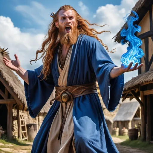 Prompt: a strong rugged 6 foot and 5 inches tall, 250 pound male tiefling mushroom druid with mottled tan skin, and long wavy ginger hair and beard wearing flowing indigo robes stands with his hand lifted to the sky as blue flames surround him in a medieval village