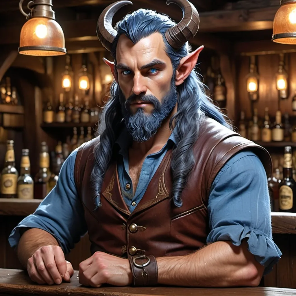 Prompt: a strong rugged 6 foot and 5 inches tall, 250 pound male tiefling druid with blue eyes, blue skin, long wavy indigo hair and a full beard is scowling as he stands at the bar in a medieval pub with an ale in his hand. He is wearing only a leather vest with his bulging biceps exposed.