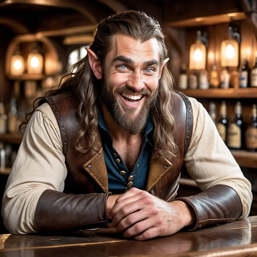 Prompt: a strong rugged 6 foot and 5 inches tall, 250 pound male elven rogue with blue eyes, tan skin, and long wavy dark hair and a full beard is laughing as he sits at the bar in a medieval pub with an ale in his hand. He is wearing only a leather vest