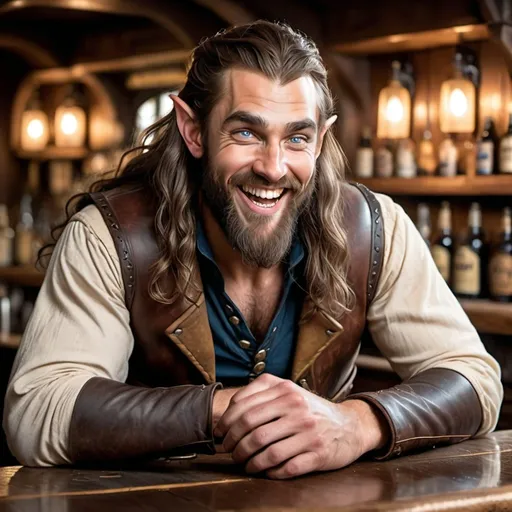 Prompt: a strong rugged 6 foot and 5 inches tall, 250 pound male elven rogue with blue eyes, tan skin, and long wavy dark hair and a full beard is laughing as he sits at the bar in a medieval pub with an ale in his hand. He is wearing only a leather vest