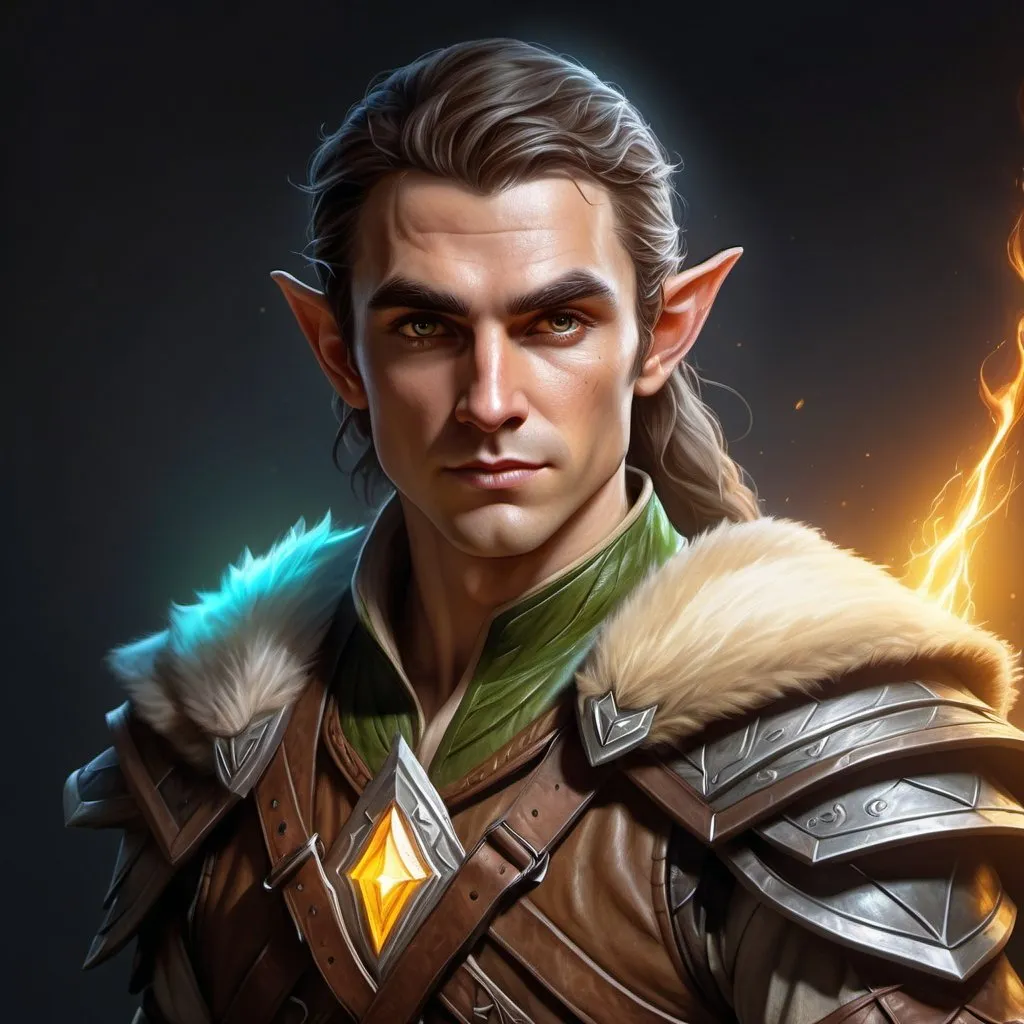 Prompt: hyper-realistic rugged male elf ranger character with bright light hands, fantasy character art, illustration, dnd, warm tone
