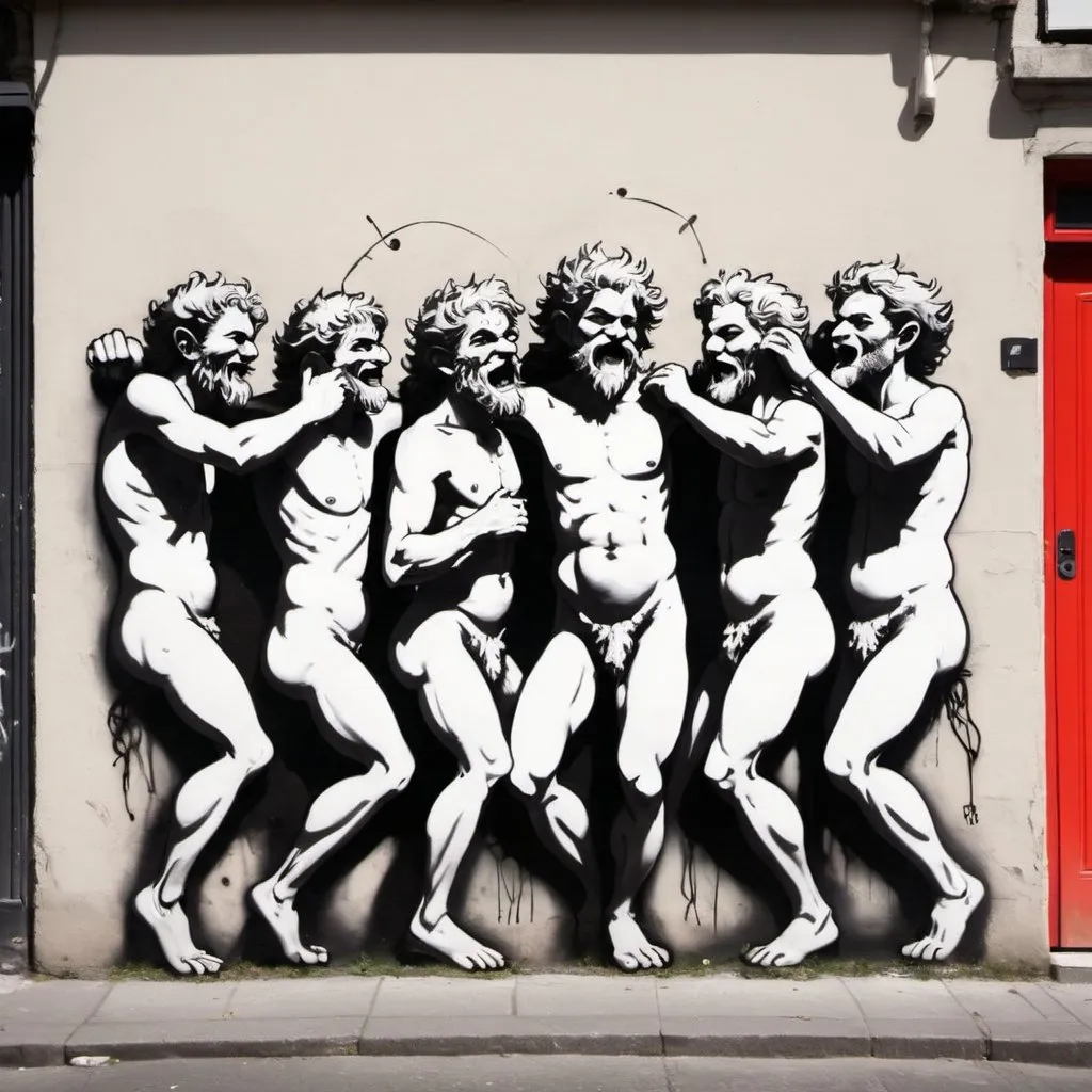 Prompt: a group of 8 dancing satyrs, street art, graffitti 