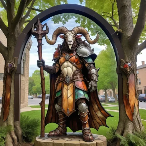 Prompt: Full body view of a strong 6 foot and 5 inches tall, 250 pound tiefling mushroom druid with a human head, ram horns, goat legs, mottled tan skin, long wavy dark hair with moss and sticks sticking out of it, wearing leather armor and standing near a tree in the middle of a medieval city