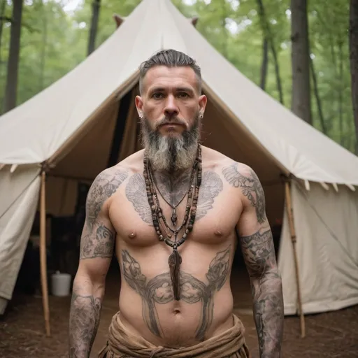 Prompt: a male massage therapist with many tattoos is dressed in stone age druid garb standing in the forest in front of his white canvas tent