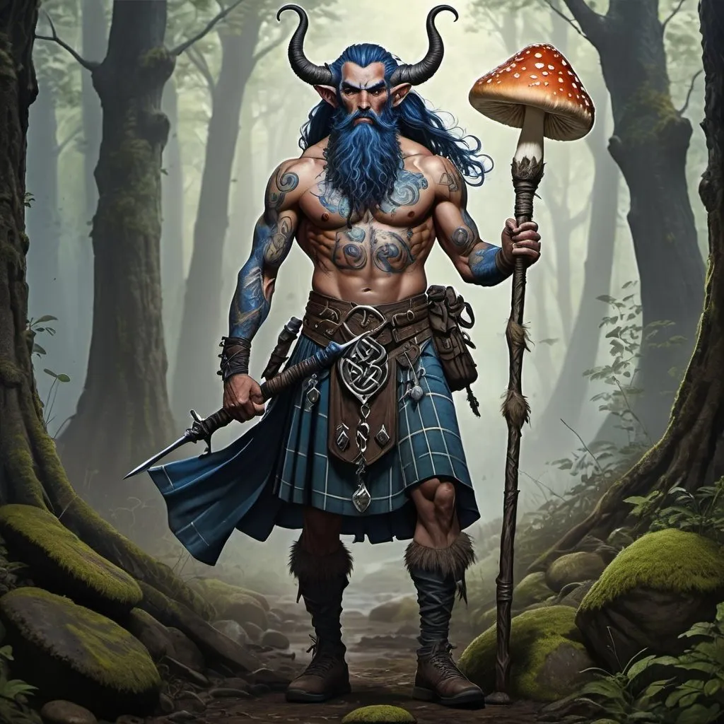 Prompt: Full body strong rugged 6 foot and 5 inches tall, 250 pound male tiefling mushroom druid with long dark hair, a blue beard, holding a quarterstaff . He is wearing a kilt and has many celtic tattoos across his entire torso. He has just finished a battle