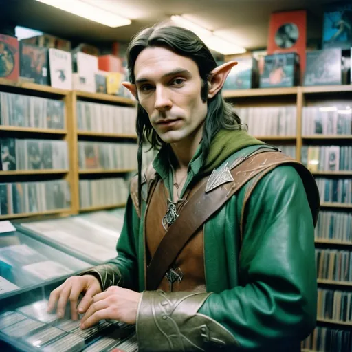 Prompt: Analog film photography still, portrait of a powerful rugged male elven ranger in a record store, grainy fujifilm film, anaglyph effect