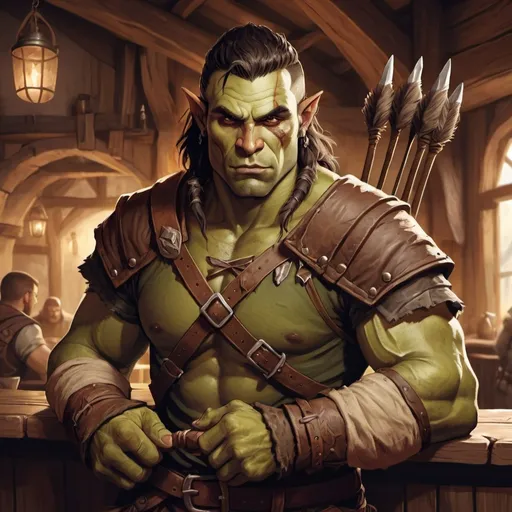 Prompt: rugged handsome male half orc ranger character holding a bow in a tavern , fantasy character art, illustration, dnd, warm tone