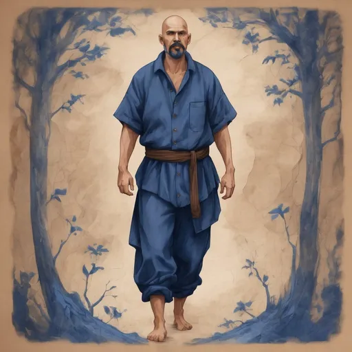 Prompt: full body illustration, middle aged human male druid, massage healer, dark blue mustache and goatee, shaved head,dark blue cotton cotton pants and shirt,on light brown paper.fantasy art, acrylic paint detail texture