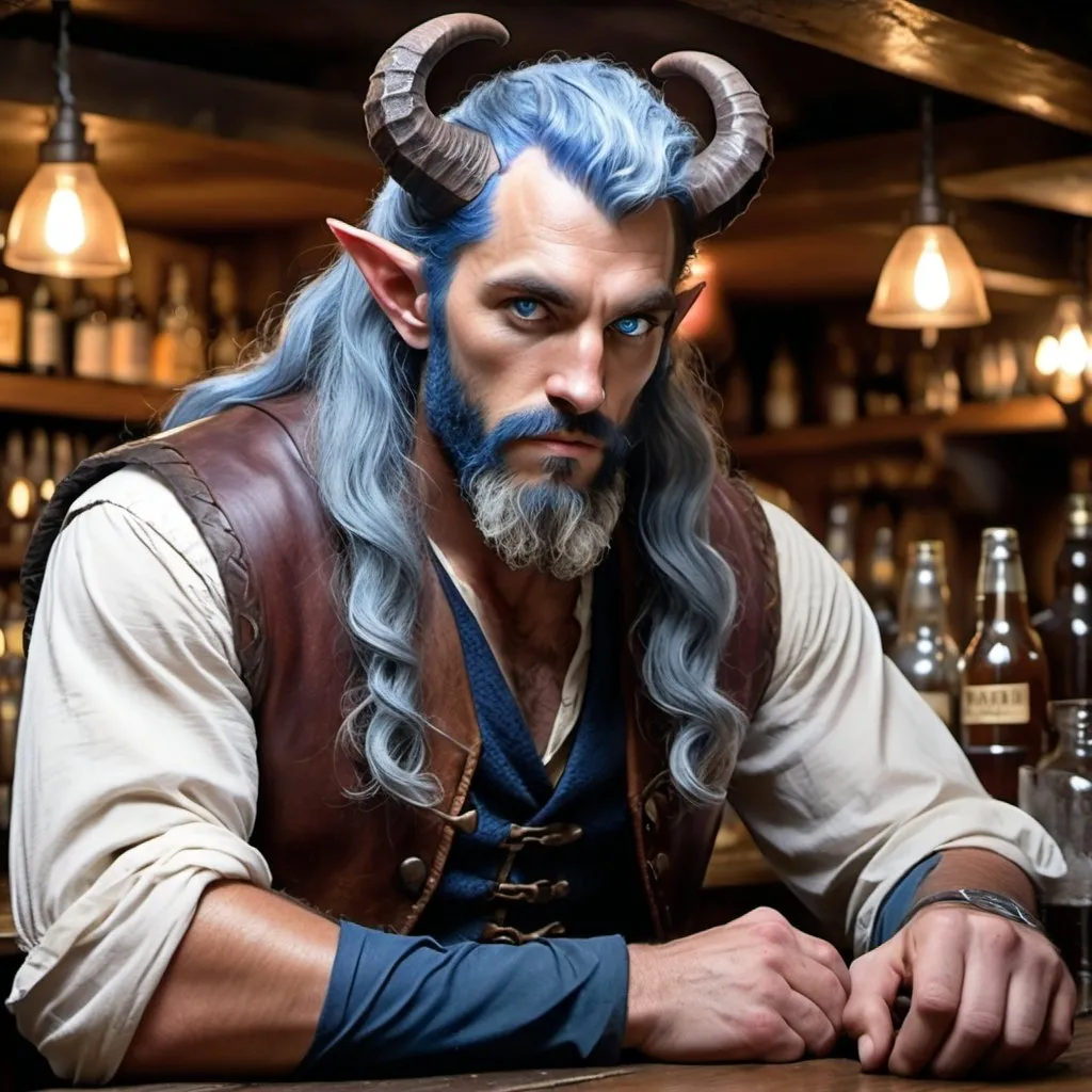 Prompt: a strong rugged 6 foot and 5 inches tall, 250 pound male tiefling druid with blue eyes, light blue skin, long wavy indigo hair and a full beard is scowling as he stands at the bar in a medieval pub with an ale in his hand. He is wearing only a leather vest with his bulging biceps exposed.