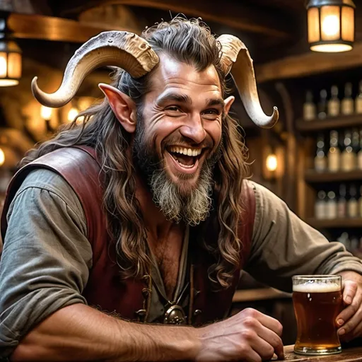 Prompt: a strong rugged 6 foot and 5 inches tall, 250 pound male tiefling mushroom druid with mottled tan skin, and long wavy dark hair and beard is laughing as he sits at the bar in a medieval pub with an ale in his hand