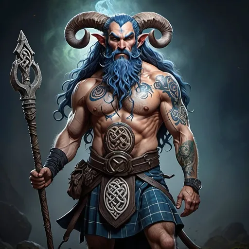 Prompt: Full body strong rugged 6 foot and 5 inches tall, 250 pound male tiefling mushroom druid with long dark hair, a blue beard, holding a quarterstaff . He is wearing a kilt and has many celtic tattoos across his entire torso