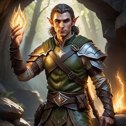 Prompt: full body hyper-realistic rugged male elf ranger character with bright light hands, fantasy character art, illustration, dnd, warm tone