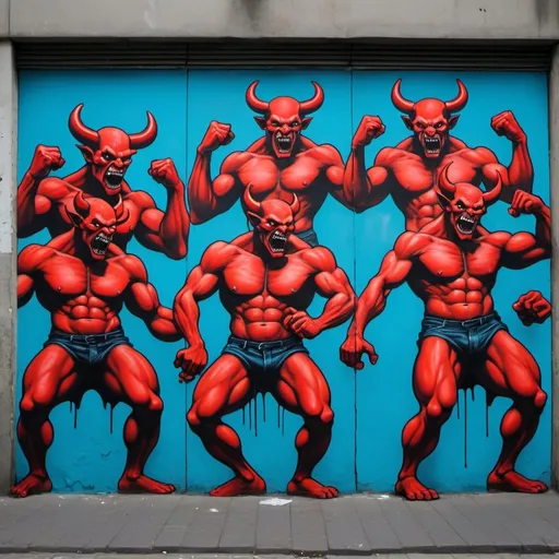 Prompt: a group of 8 dancing muscular devils, street art, graffitti, spray paint 