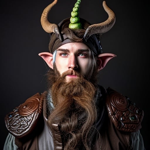 Prompt: mushroom druid, tiefling, male, strong, majestic horns, leather armor, long beard style