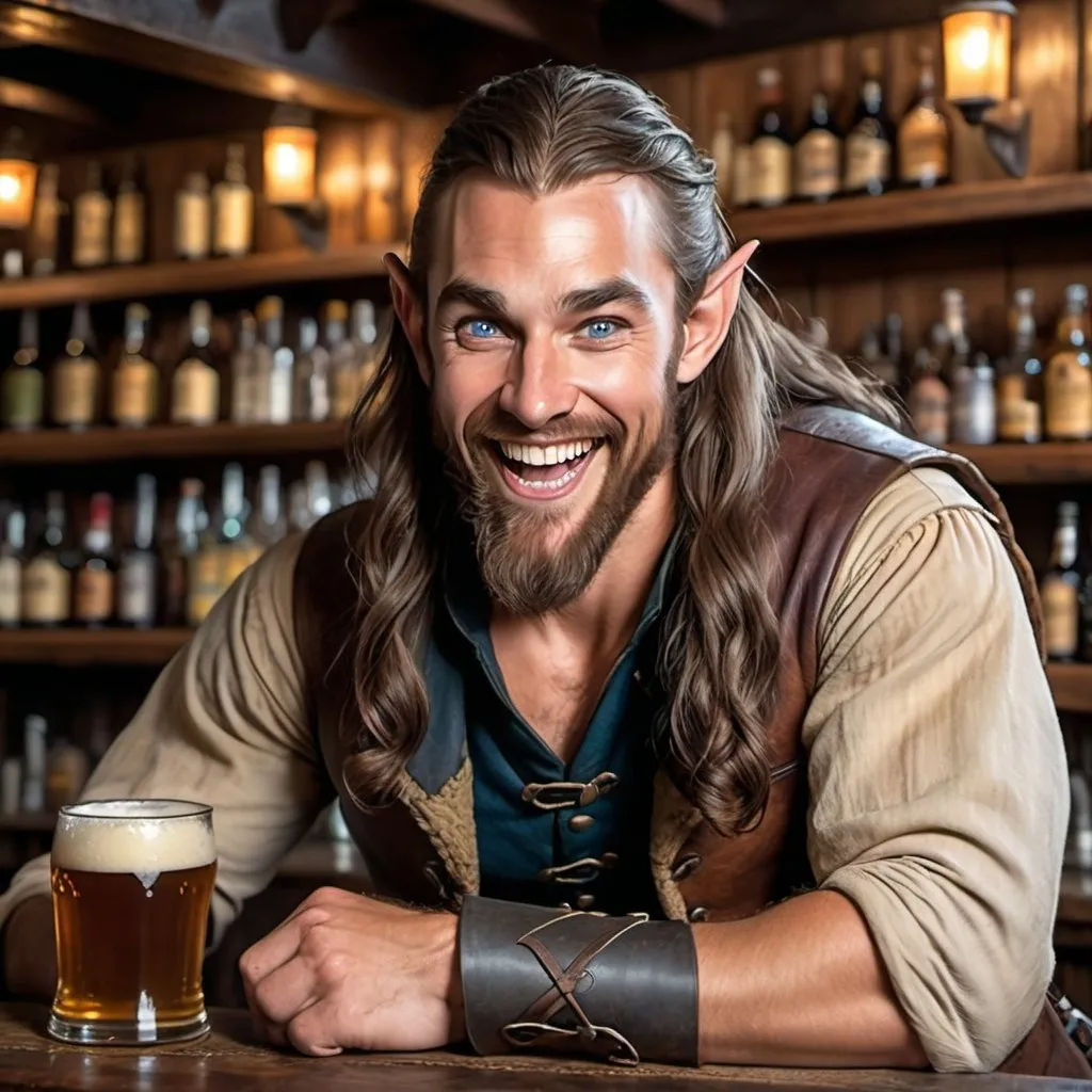 Prompt: a strong rugged 6 foot and 5 inches tall, 250 pound male elven rogue with blue eyes, tan skin, and long wavy dark hair and a full beard is laughing as he sits at the bar in a medieval pub with an ale in his hand. He is wearing only a leather vest