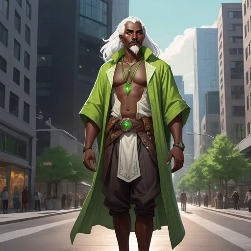 Prompt: full body d&d illustration of a dark skinned human druid with bright green eyes, shining white hair and mustache standing in a modern city. 