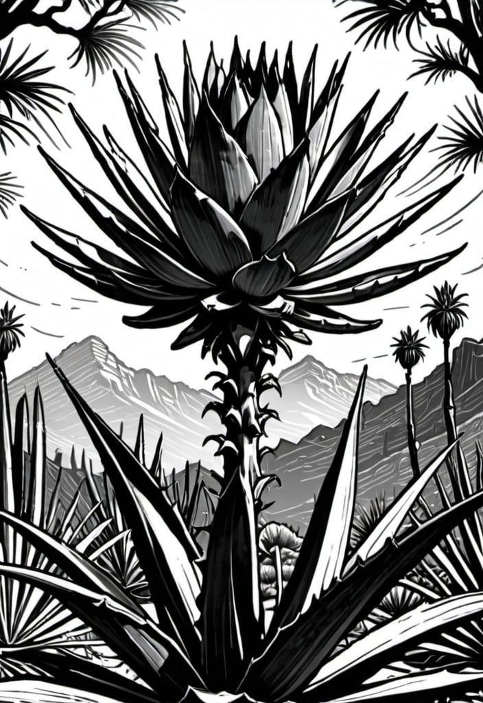 Prompt: woodcut style, rugged druid, agave plant background, black and white only