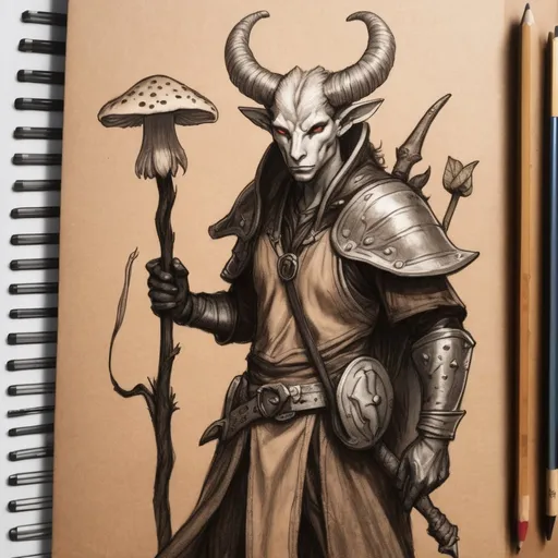 Prompt: sketch male Tiefling mushroom druid, long tail, armor leather,staff,on light brown paper.dnd art, pencil detail texture