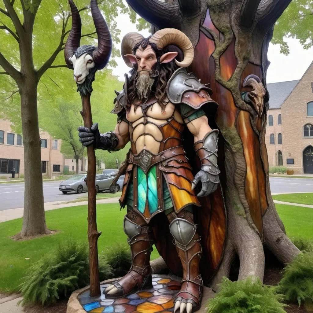 Prompt: Full body view of a strong 6 foot and 5 inches tall, 250 pound tiefling mushroom druid with a human head, ram horns, goat legs, mottled tan skin, long wavy dark hair with moss and sticks sticking out of it, wearing leather armor and standing near a tree in the middle of a medieval city