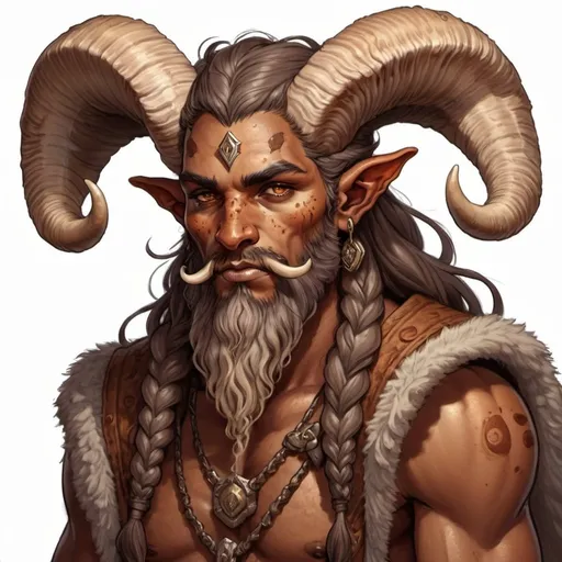 Prompt: Mushroom druid, tiefling, male, strong, mottled tan skin, ram horns, long beard in detailed illustration style
