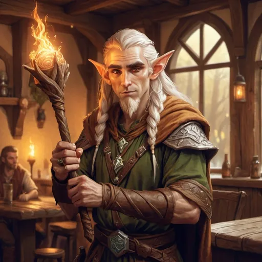 Prompt: rugged druid elf character holding a magical staff in a tavern , fantasy character art, illustration, dnd, warm tone