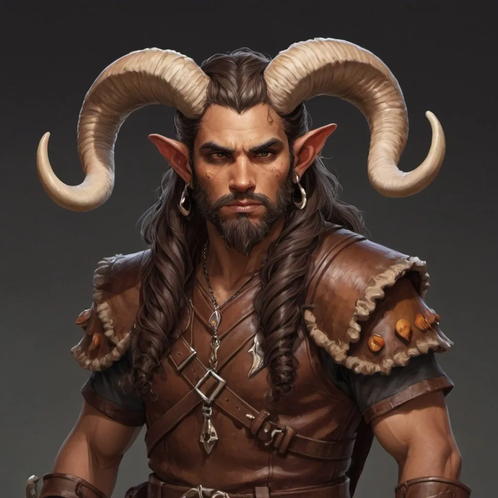 Prompt: early 20's Mushroom druid, tiefling, male, strong, mottled brown and tan skin, ram's horns, long dark hair, trim beard style, leather armor, wearing mushrooms