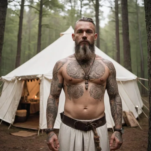 Prompt: a male massage therapist with many tattoos is dressed in iron age druid garb standing in the forest in front of his white canvas tent