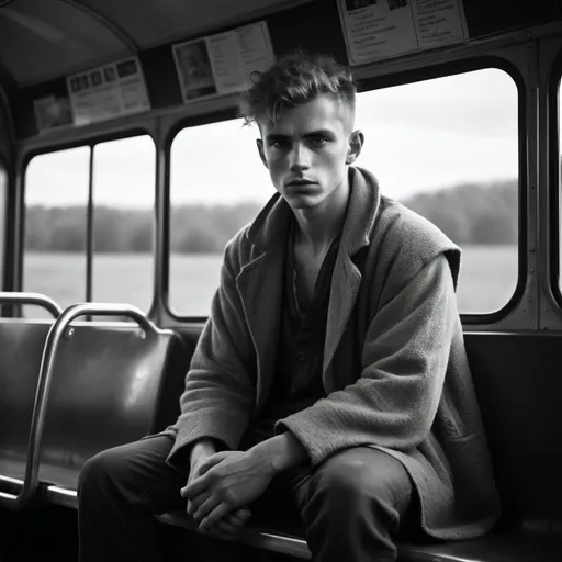 Prompt: Photo of strong rugged young male druid sitting on a bus, dramatic in the style of Dirk Braeckman, B&W