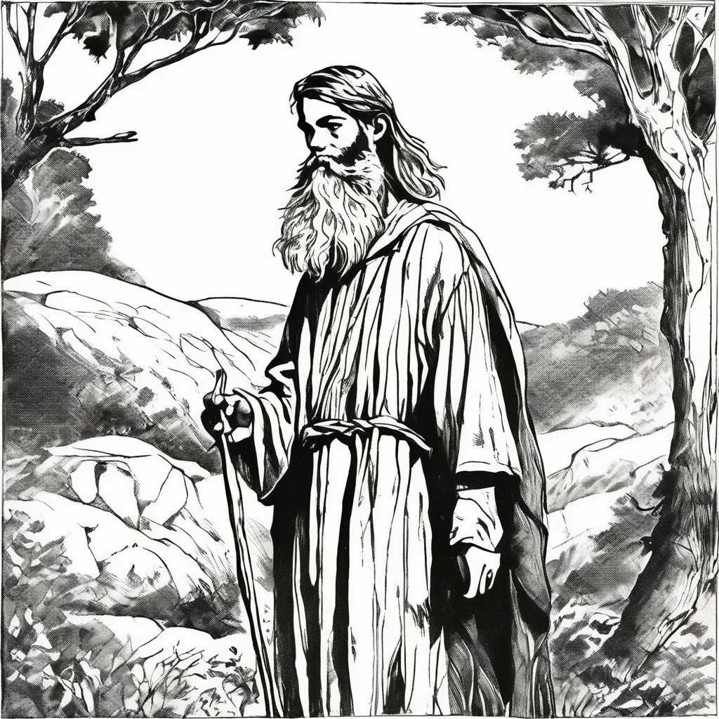 Prompt: Vintage clipart drawing of a young druid with a beard wearing a tunic, black and white, ink drawing