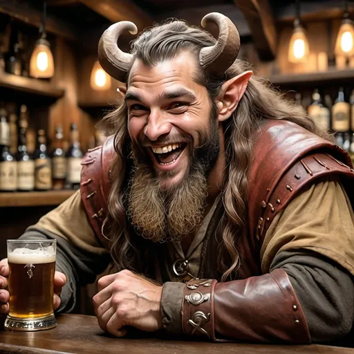 Prompt: a strong rugged 6 foot and 5 inches tall, 250 pound male tiefling mushroom druid with mottled tan skin, and long wavy dark hair and beard is laughing as he sits at the bar in a medieval pub with an ale in his hand