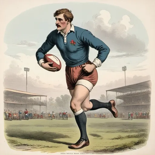 Prompt: rugby player,hand-colored vintage English engraving circa 20th century,colorful,romanticism,full body