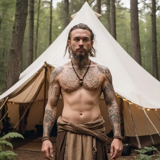 Prompt: a male massage therapist with many tattoos is dressed in bronze age druid garb standing in the forest in front of his white canvas tent