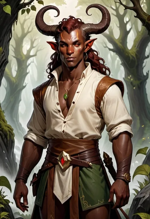 Prompt: dnd style rugged male tiefling druid brown skin majestic horns full body