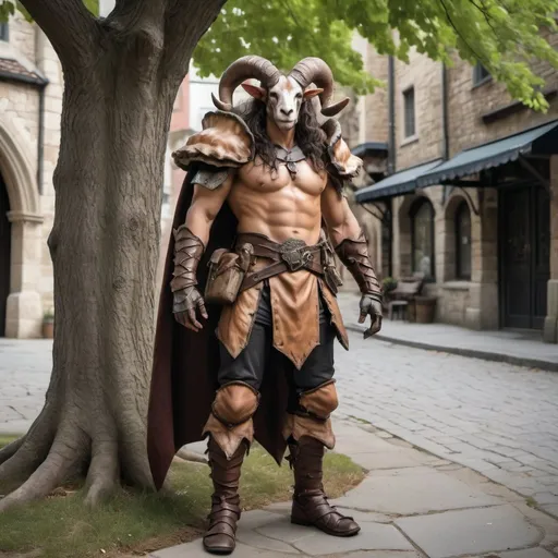 Prompt: Full body view of a strong 6 foot and 5 inches tall, 250 pound male tiefling mushroom druid with goat legs, mottled tan skin, long wavy dark hair wearing leather armor and standing near a tree in the middle of a medieval city