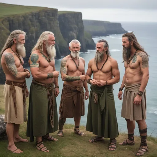 Prompt: a gather of middle aged male druids with woad coloring their arms and chests and bronze age tattoos covering their torsos are dressed in bronze age irish druid garb standing near a fire near a cliff overlooking the ocean
