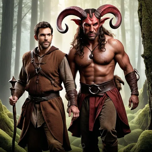 Prompt: Hallmark movie poster featuring a strong rugged 6 foot and 5 inches tall, 250 pound male tiefling druid and his strong, rugged human husband