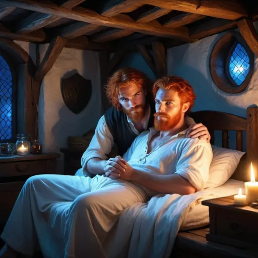 Prompt: a rugged male celtic wizard with red hair and beard dressed only in loose white cotton shorts has bright blue light glowing from his hands He offers this light to another handsome man reclining on a small bed in a candlelit rustic medieval cottage fantasy 
art